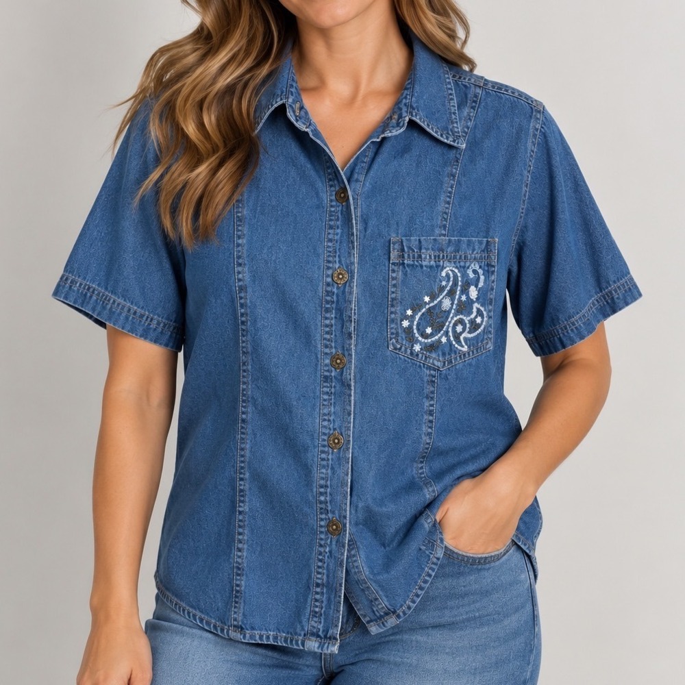 Vintage Speedstar Women's Large Denim Shirt Paisley Embroidered Pocket 90s